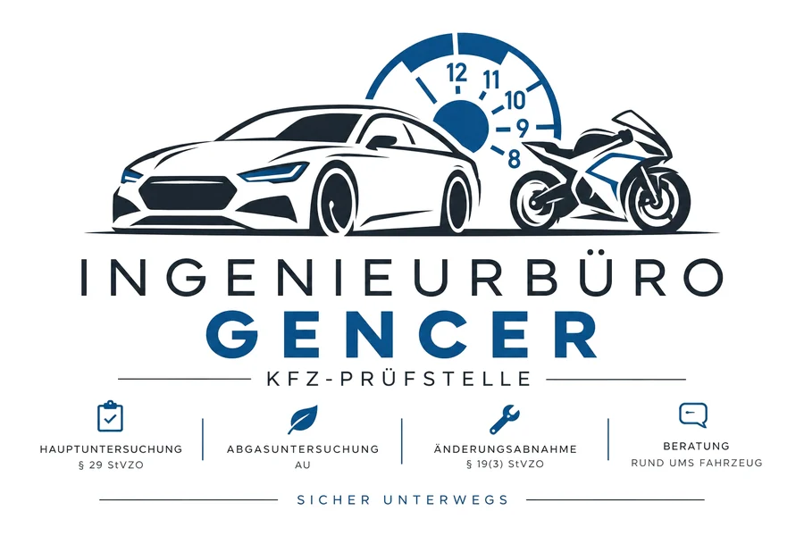 Logo: Ingenieurbüro Gencer, Kfz-Prüfstelle – Hauptuntersuchung, Abgasuntersuchung, Änderungsabnahme, Beratung – Sicher unterwegs